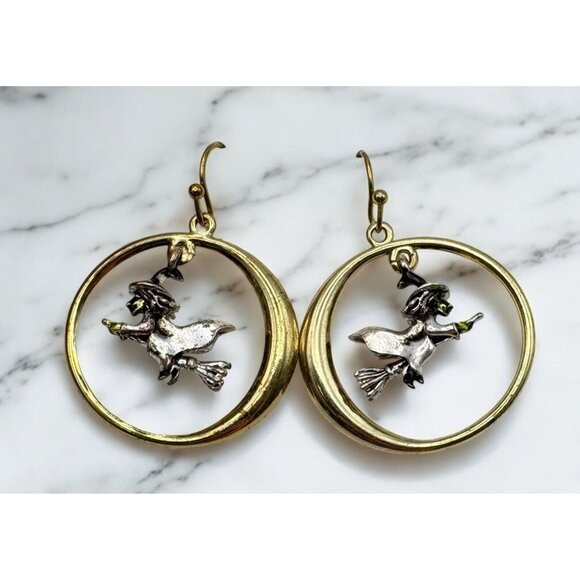 Halloween Flying Witch In Moon Dangle Earrings Silver and Gold Tone Avon - Picture 1 of 6